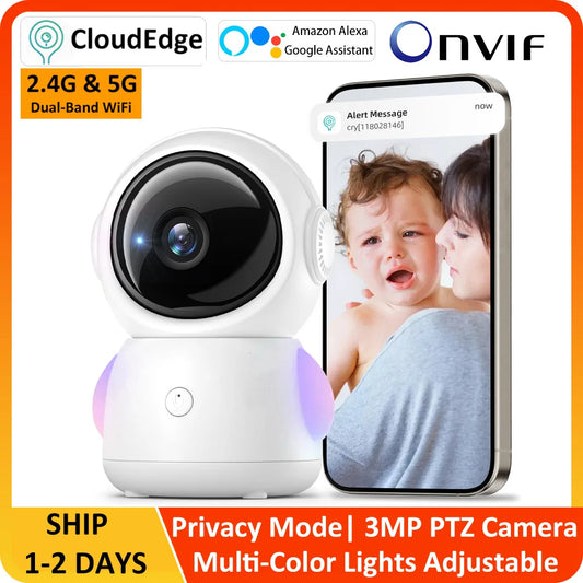 3MP 2.4G/5G WiFi Baby Monitor Cry Detection Motion Tracking Night Light ONVIF Security Protection Camera Alexa Google CloudEdge