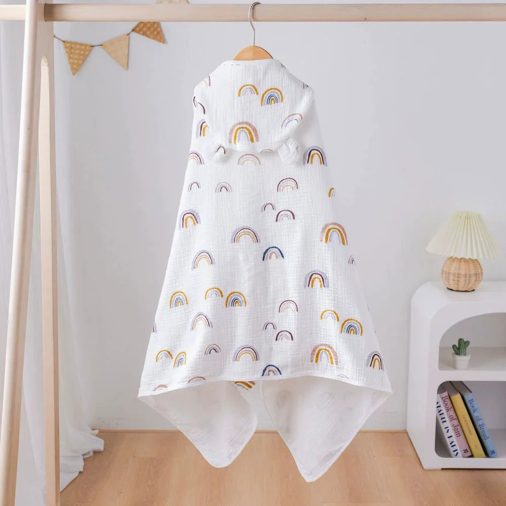 Soft Hooded Baby Bath Towel Cartoon Cloak  Super Absorbent Gauze Bathing Wrap for Newborn Infant Anti-Shedding & Skin-Friendly