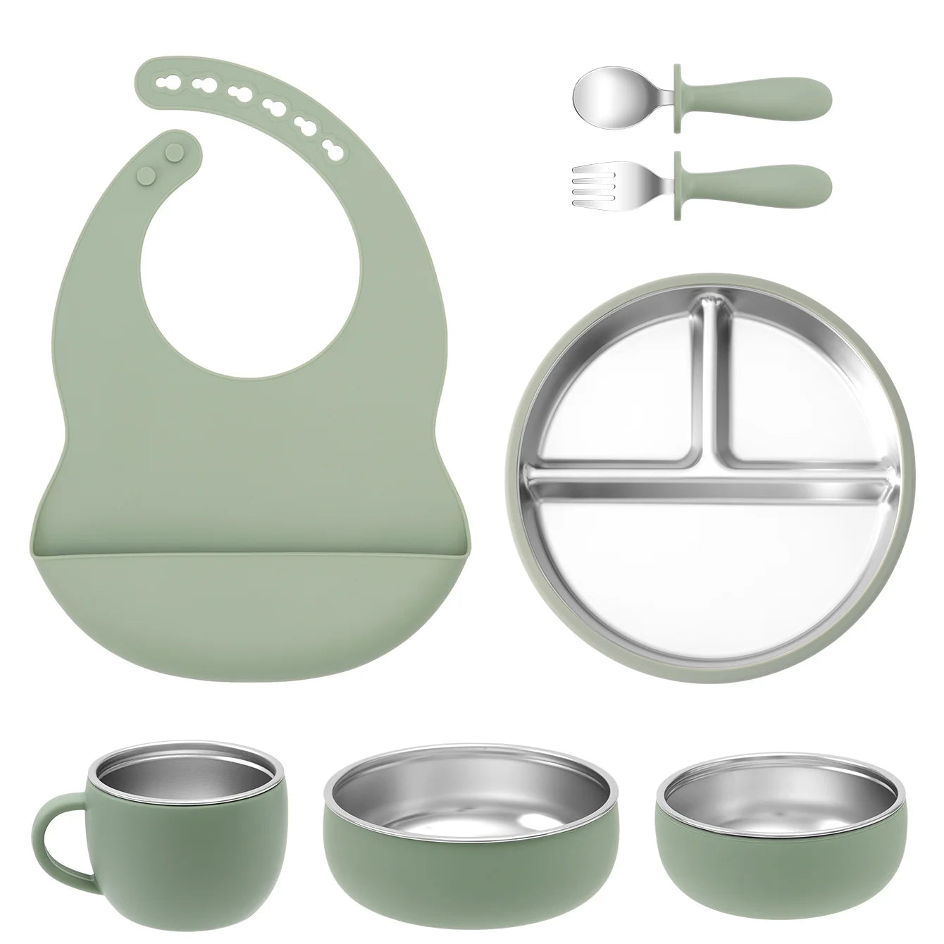 7PCS Baby Feeding Set – Stainless Steel & Silicone Tableware