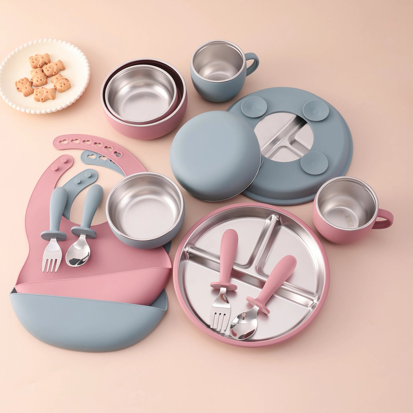 7PCS Baby Feeding Set – Stainless Steel & Silicone Tableware