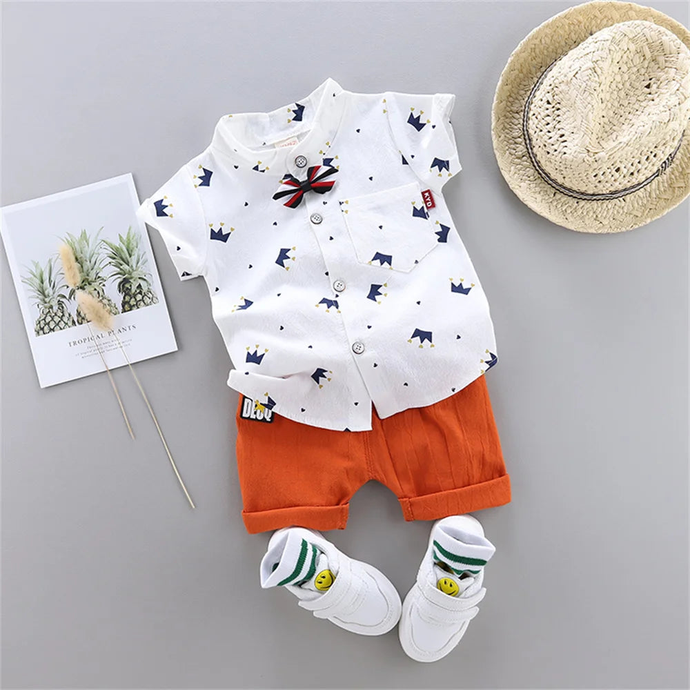 2PCS Baby Set Hot Summer All Over Crown Random Print Pattern Standing Neck Short Sleeve Shorts Set