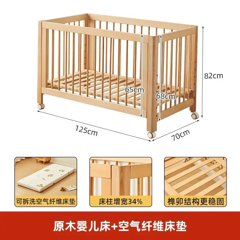 Adjustable Beechwood Baby Crib Convertible Bedside Sleeper with Guardrail Wheels Baby Bassinet Nest Bed Child Sleep with Wheels