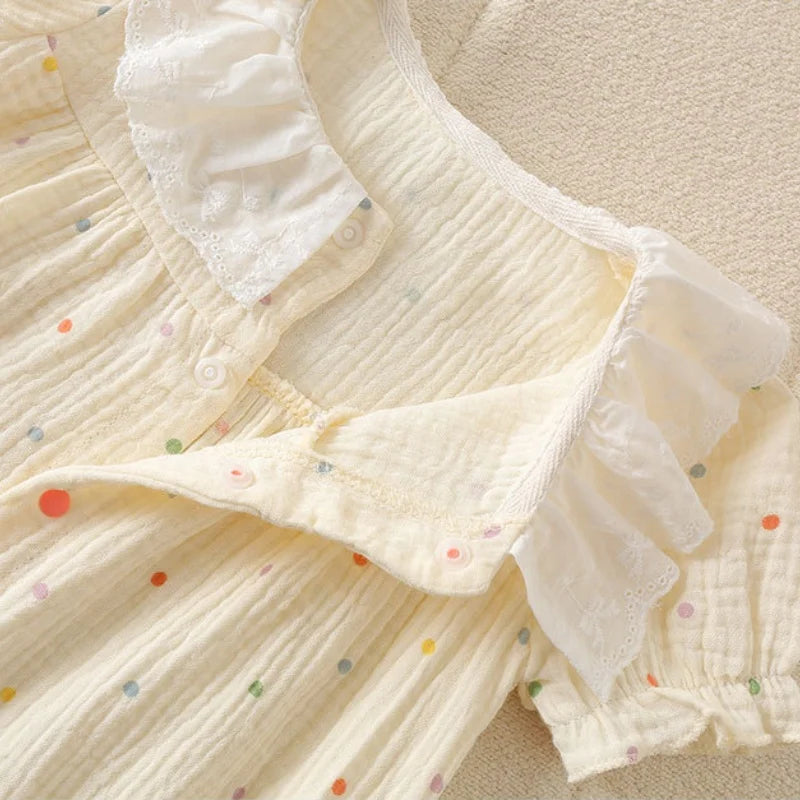 0 - 2 Y Newborn Outdoor Clothes Adorable Baby Girls' Cotton Short Sleeved Romper with Lace Doll Collar Cute and Soft Fabric