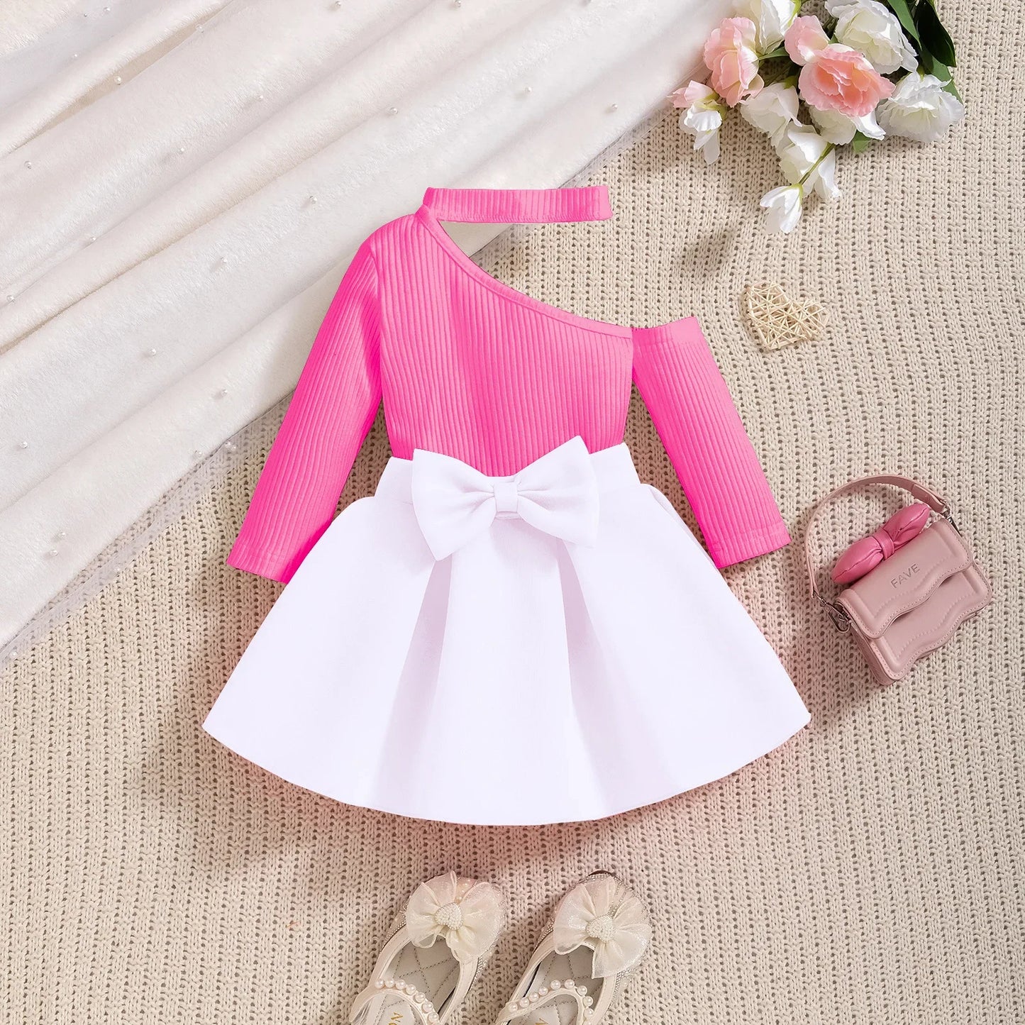 Toddler Girl 2PCS Summer Set – One-Shoulder T-Shirt & Skirt