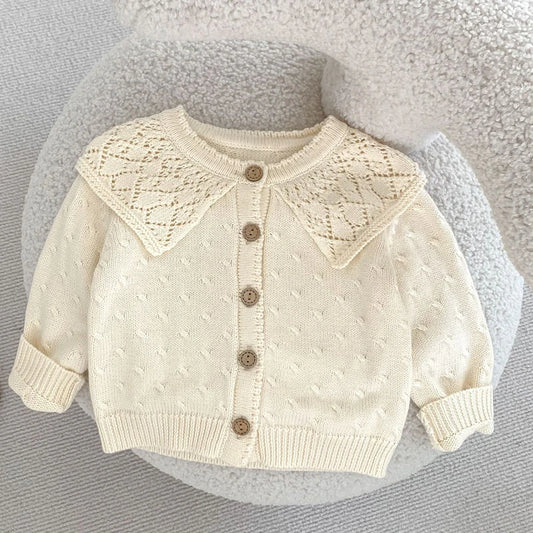 New autumn baby clothing, 0-3 year old female baby, cotton yarn knitted sweater with hollowed out large collar jacket