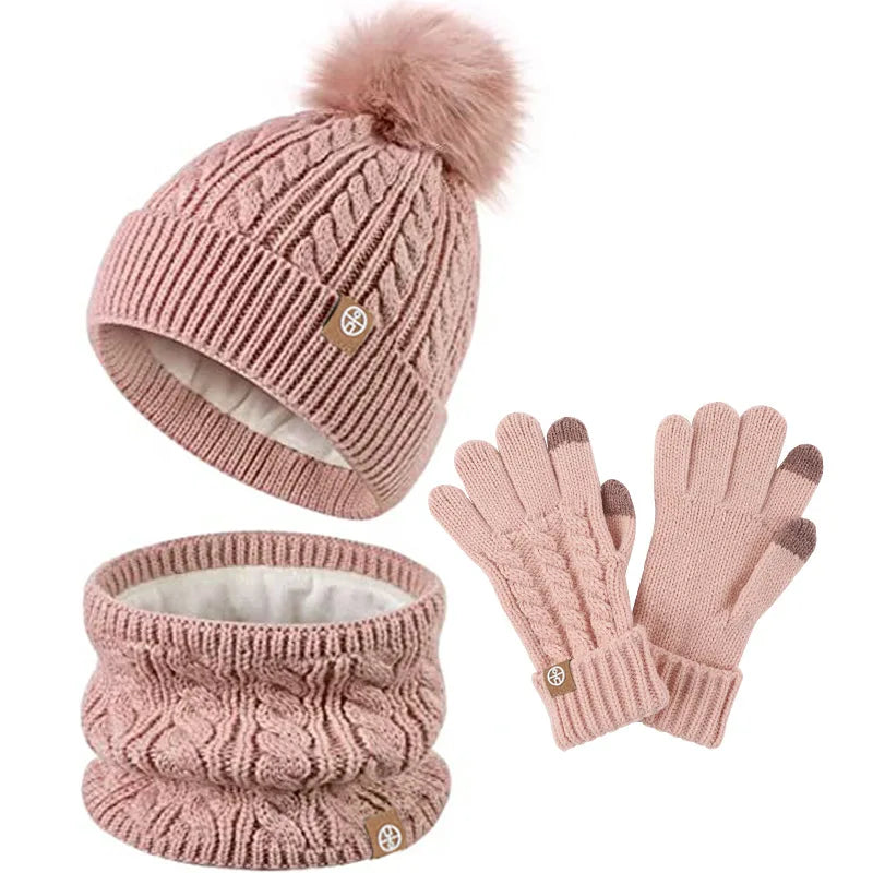 Winter Velvet Outdoor Travel Warm Knit Children's Colorful Wool Ball Hat Scarf Gloves Three Piece Set Luxury Holiday Gift