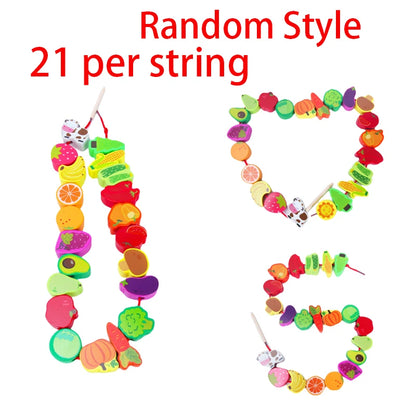 Monterssori Beaded Wooden Toys Baby Cartoon Fruit Animal Stringing Wooden Beads Toys Children's Educational Games