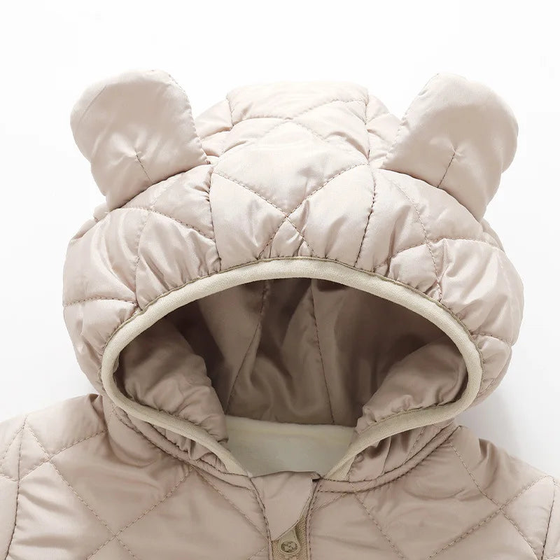 Autumn Winter Kids Boys Rompers Cotton Padded Bear Printed Thicken Newborn Boys Bodysuits Warm Argyle Hooded Infant Boy Jumpsuit