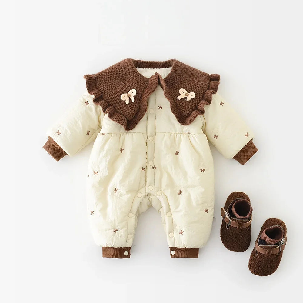 0-2 Y Winter Baby Girls Clothes Fur Lining Toddler Rompers Fur Lining Infant Girls Jumpsuits Bow Embroidery Outfit