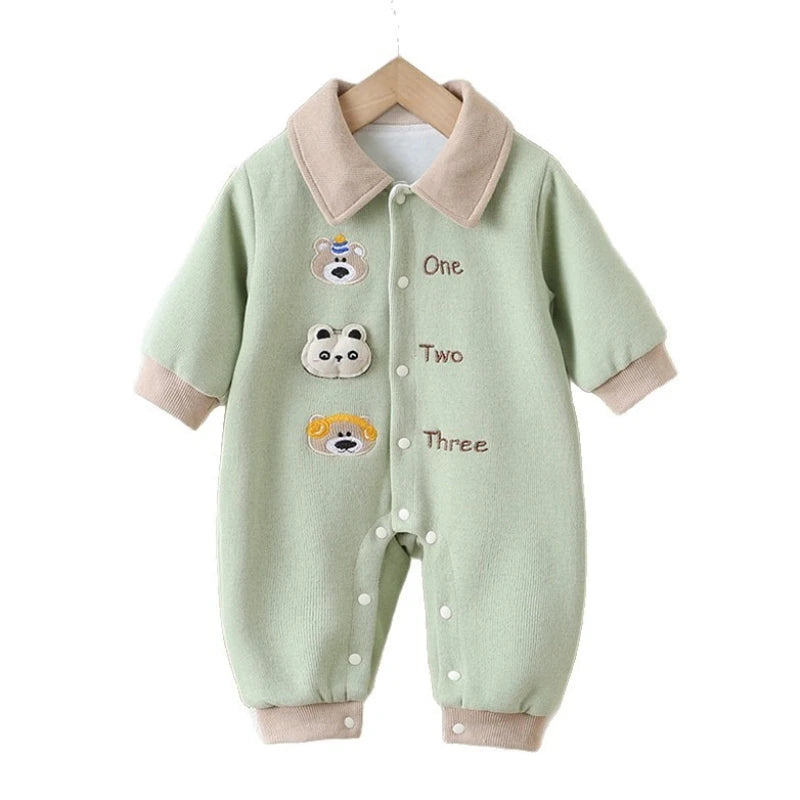 Unisex Baby Polo Collar Romper for Spring & Autumn Boys & Girls Cute Bear Head & Letter Jumpsuit Halloween Long-Sleeve Bodysuit