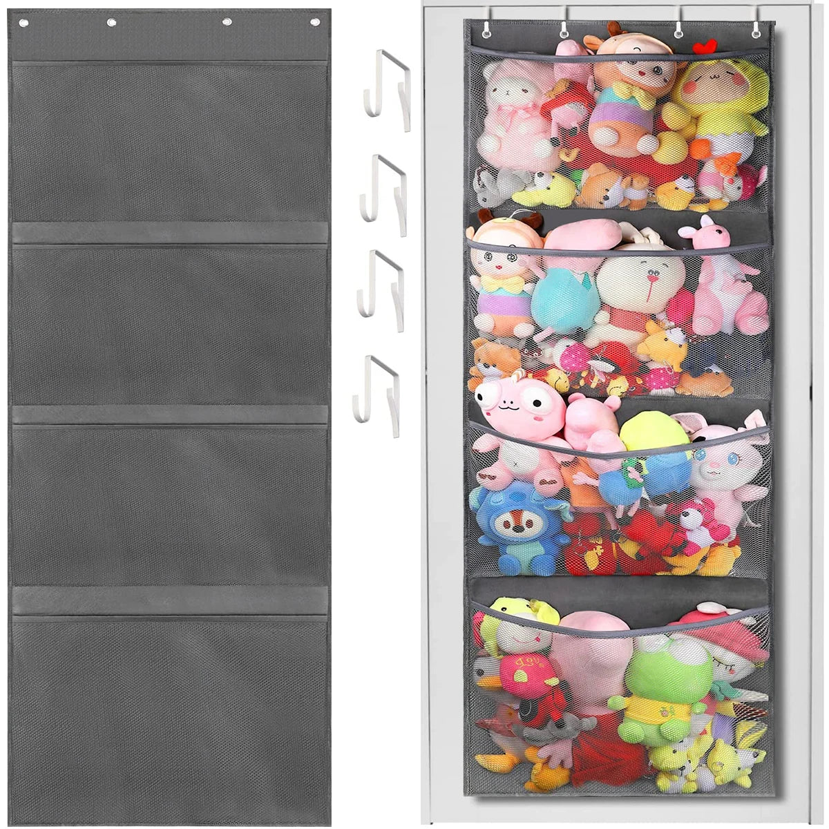 Stuffed Animal Storage Bag Over The Door Stuff Animals Organizer with 4 Large Pockets Hanging Mesh Bags for Baby Plush Toys