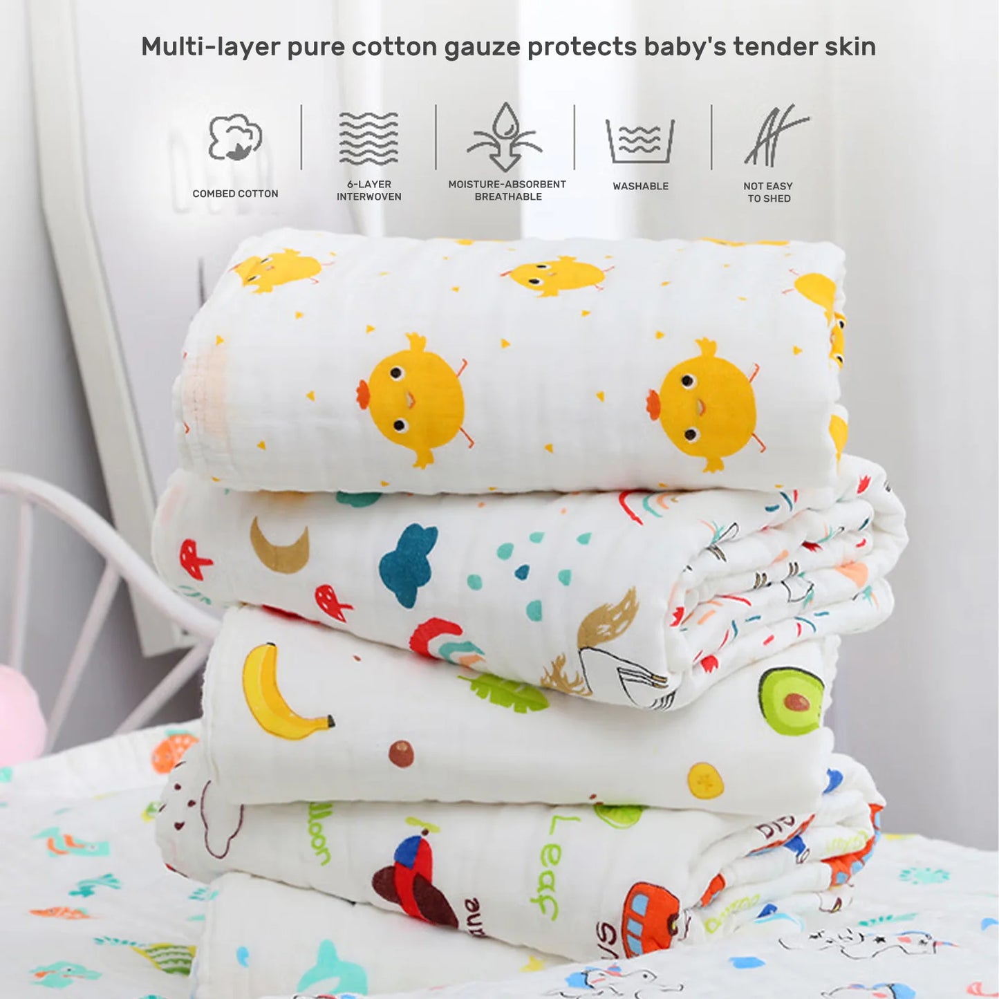 6-Layer Baby Gauze Bath Towel Newborn Baby Super Soft Pure Cotton Towel Cotton Swaddle Blanket for Children's Blanket 110*110cm