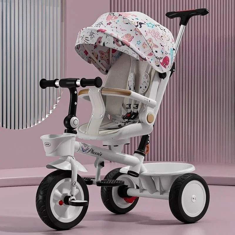 Premium Baby Tricycle 1-6 Years Old Kids Parent Push Handle Large Seat Adjustable Canopy Safety Belt Ride Outdoor Stroller Bike