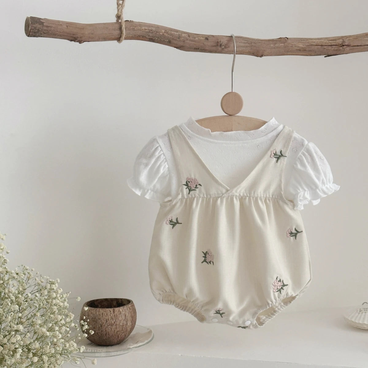 Summer Baby 2PCS Set – Flower Print Suspender Jumpsuit for Boys & Girls