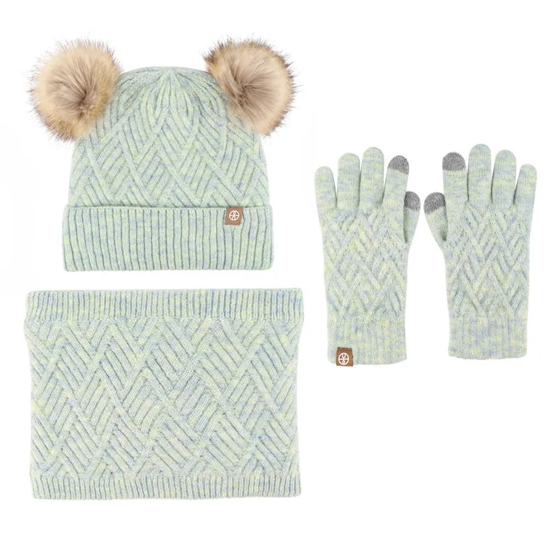 Winter Velvet Outdoor Travel Warm Knit Children's Colorful Wool Ball Hat Scarf Gloves Three Piece Set Luxury Holiday Gift