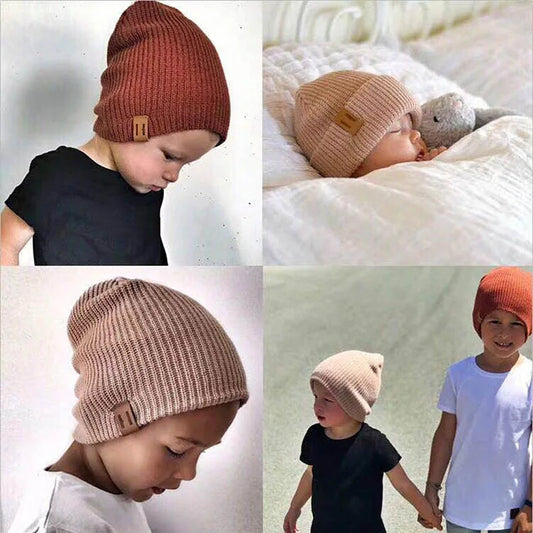 Baby Knit Hat with Leather Label Winter Family Beanie
