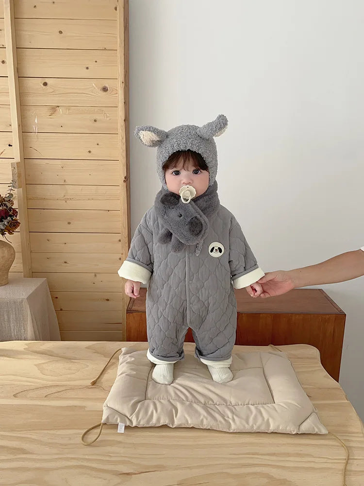 Baby Neck Crawler 2025 New Winter Newborn Thickened Clothes Baby Super Cute Cartoon Labeling Jumpsuit