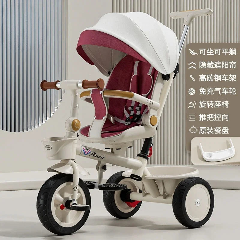 Premium Baby Tricycle 1-6 Years Old Kids Parent Push Handle Large Seat Adjustable Canopy Safety Belt Ride Outdoor Stroller Bike