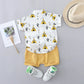 2PCS Children's Summer 100% Cotton Random Full Print Triangle Pattern Short Sleeved Stand up Collar Shirt and Shorts Set