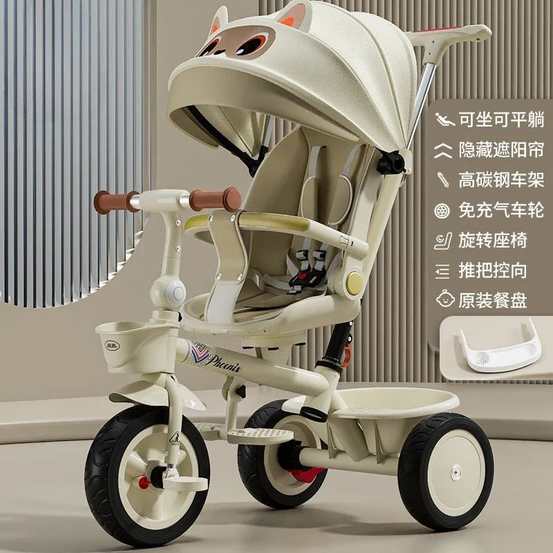 Premium Baby Tricycle 1-6 Years Old Kids Parent Push Handle Large Seat Adjustable Canopy Safety Belt Ride Outdoor Stroller Bike