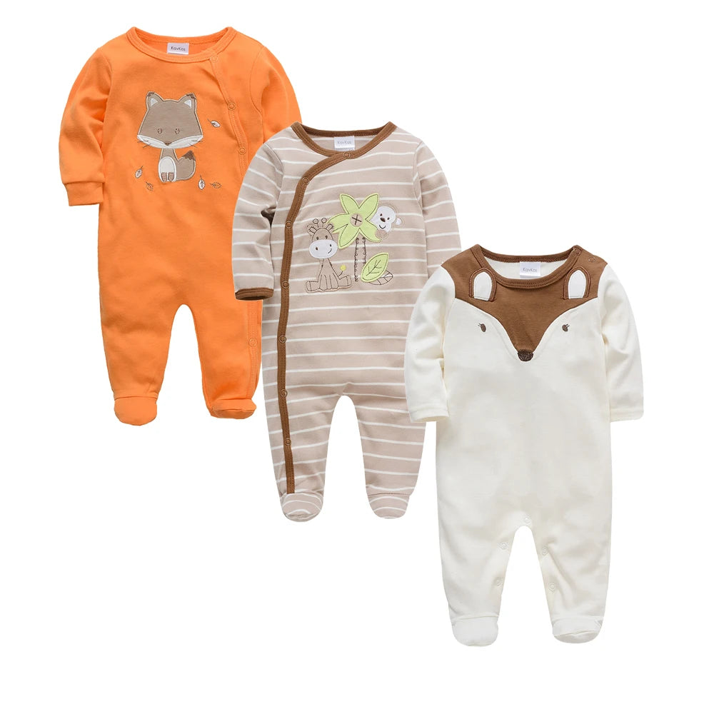 Kavkas 3 Pcs/lot Baby Boy Rompers 0-12M 100% Cotton Newborn Long Sleeve Clothes Cartoon Print Girls Items