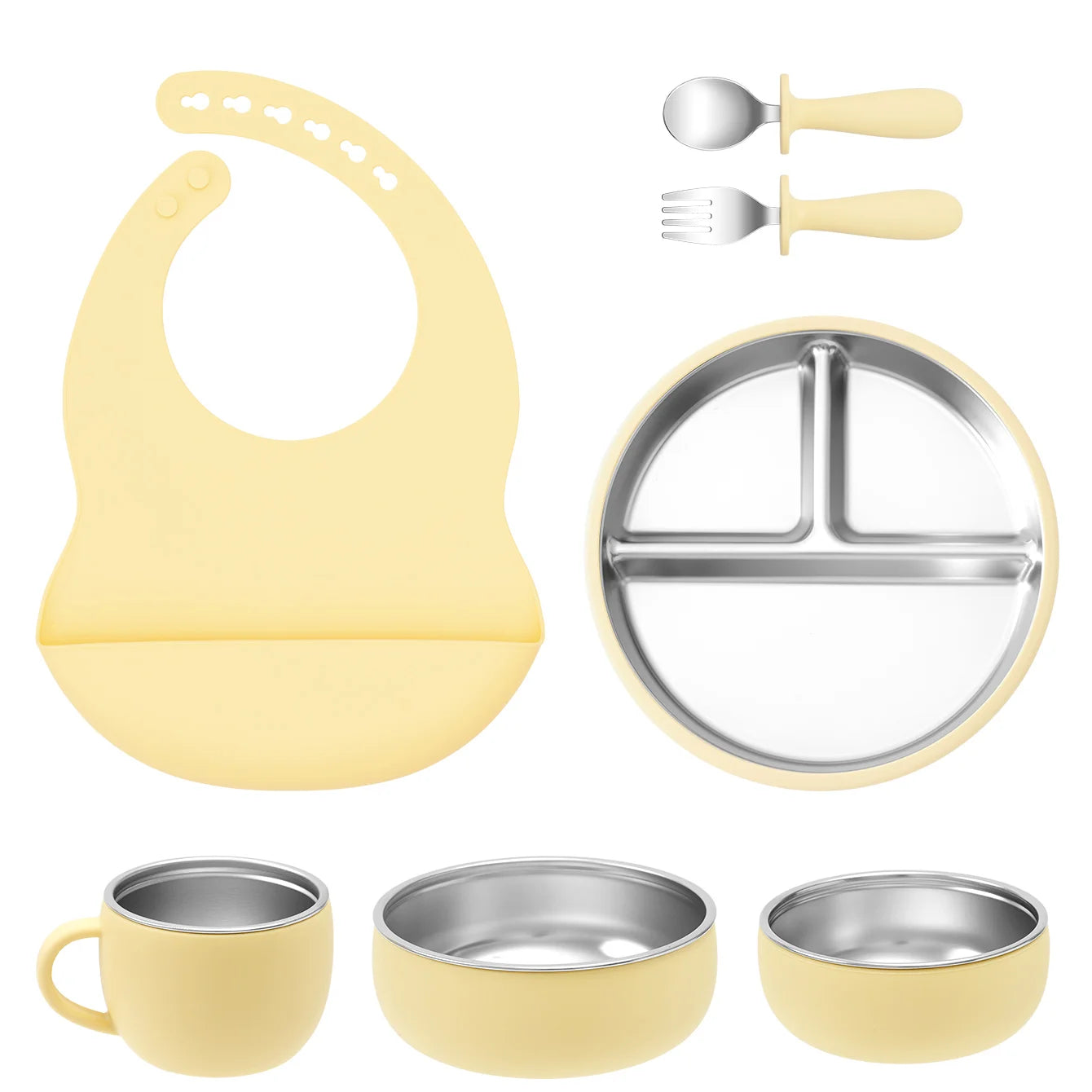 7PCS Baby Feeding Set – Stainless Steel & Silicone Tableware