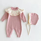 2025 New Autumn Children Clothes Infant Baby Girls Long Sleeved Splicing Knitted Jumpsuit Newborn Baby Knitted Bodysuits+Hat