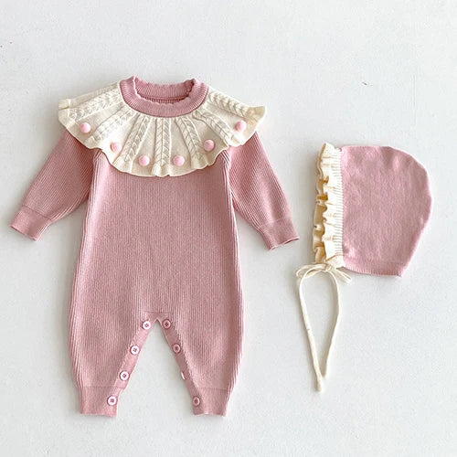 2025 New Autumn Children Clothes Infant Baby Girls Long Sleeved Splicing Knitted Jumpsuit Newborn Baby Knitted Bodysuits+Hat