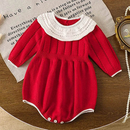 2025 New Autumn Children Clothes Infant Baby Girls Long Sleeved Splicing Knitted Jumpsuit Newborn Baby Knitted Bodysuits+Hat
