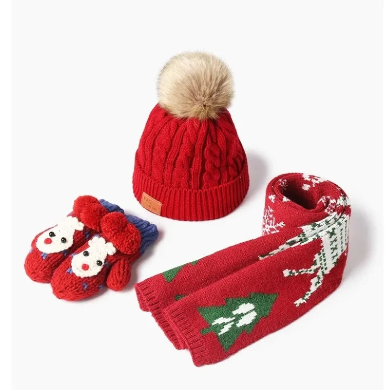 Three-Piece Children's Warm Outfit Christmas Gift Set - Cold-Proof Baby Hat Scarf Gloves Combo for Boys And Girls New Year Gift