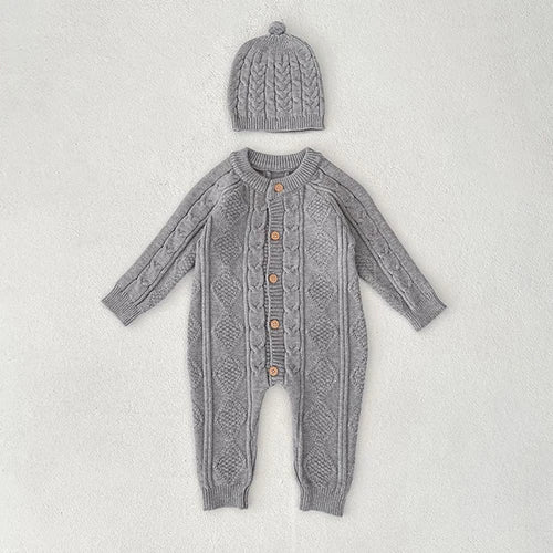 2025 New Autumn Children Clothes Infant Baby Girls Long Sleeved Splicing Knitted Jumpsuit Newborn Baby Knitted Bodysuits+Hat