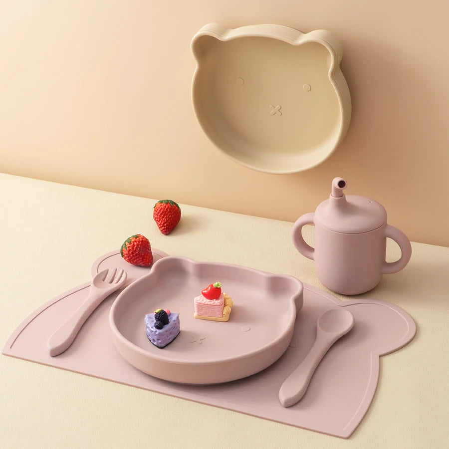 5PCS Baby Silicone Tableware Waterproof Placemat Soft Spoon Fork Suction Baby Dishes Sippy Cup Feeding Training Baby Dinner Set