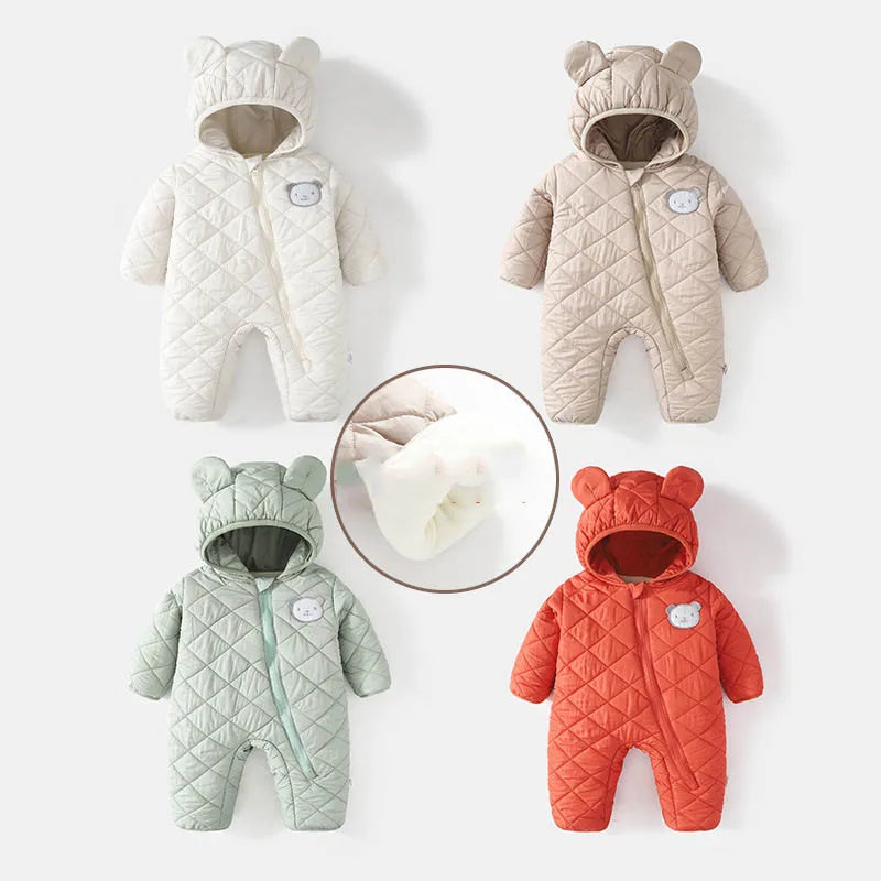Autumn Winter Kids Boys Rompers Cotton Padded Bear Printed Thicken Newborn Boys Bodysuits Warm Argyle Hooded Infant Boy Jumpsuit