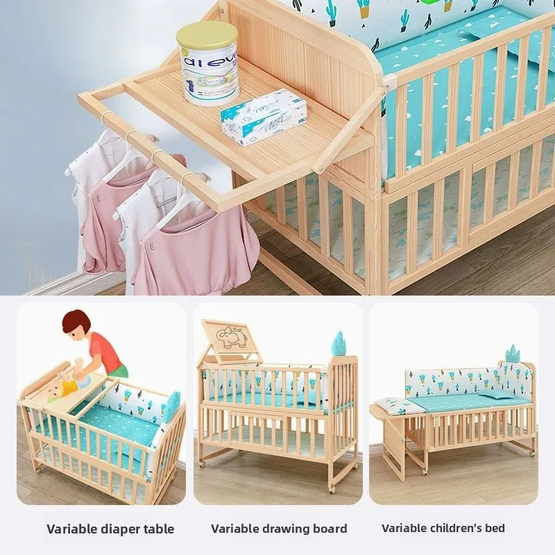 Solid Wood Baby Crib Convertible Toddler Bed Movable Newborn Bassinet Cradle Multi Functional Infant Bed For Babies Boys Girls
