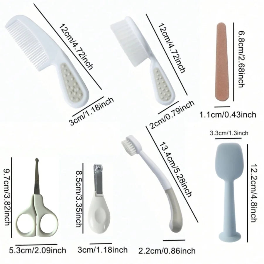 Grey baby care products set: baby comb, brush, scissors, nail clippers, care toolkit, 7-piece baby care set