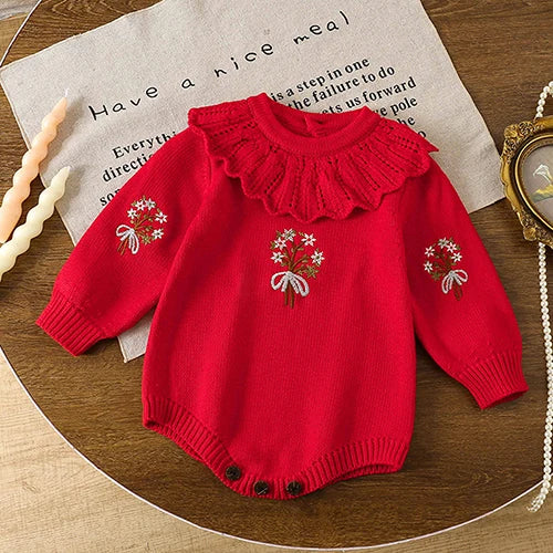 2025 New Autumn Children Clothes Infant Baby Girls Long Sleeved Splicing Knitted Jumpsuit Newborn Baby Knitted Bodysuits+Hat