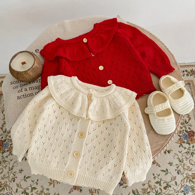 Autumn Baby Girl Sweater – Cotton Knitted Lotus Collar Long-Sleeve Coat