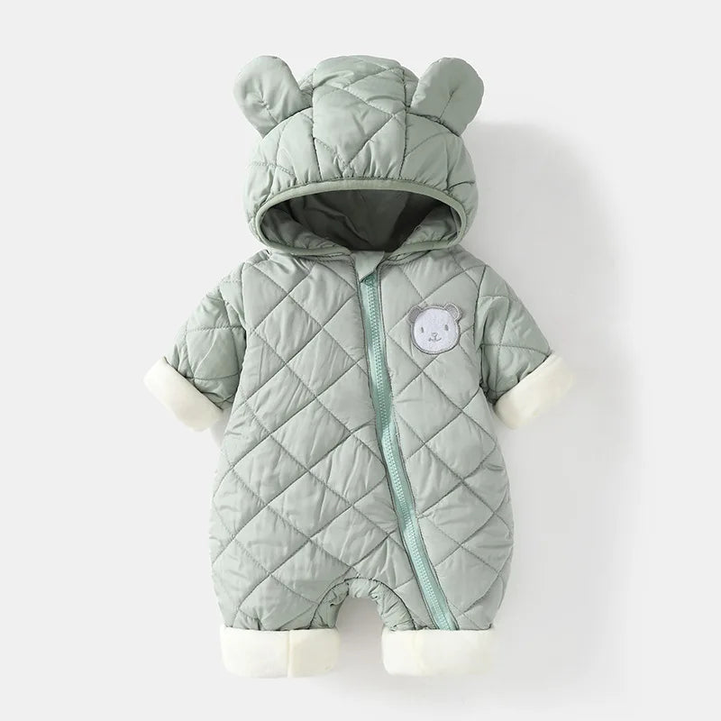 Autumn Winter Kids Boys Rompers Cotton Padded Bear Printed Thicken Newborn Boys Bodysuits Warm Argyle Hooded Infant Boy Jumpsuit