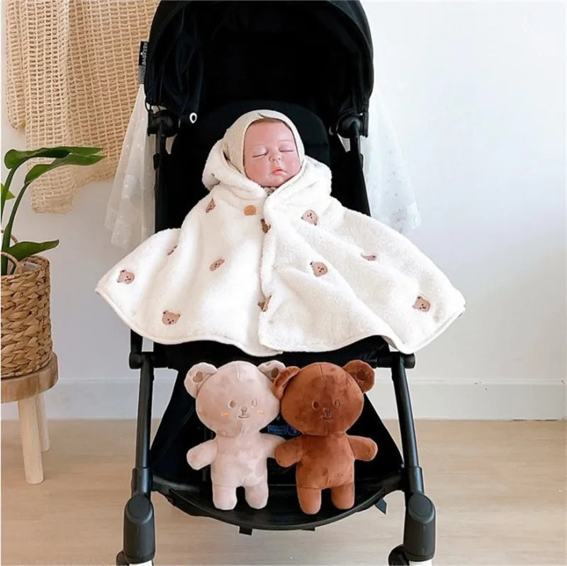 Baby Toddler Kids Hooded Cloak Cape Outerwear Coral Fleece Embroidered Cartoon Windproof Warm Winter Outdoor Costume Play Cape