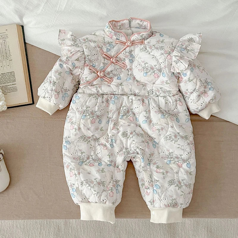 Winter Infant Baby Girls Long Sleeve Sweet Printing Thicken Cotton Jumpsuit Newborn Kids Baby Girls Clothes Rompers