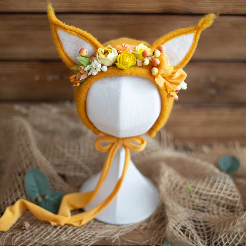 Cute Fox Flower Bonnet Newborn Wool Felt Photo Prop