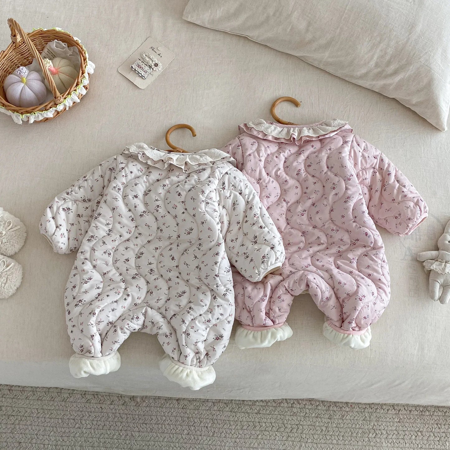 Newborn Girls’ Padded Romper with Ruffled Collar