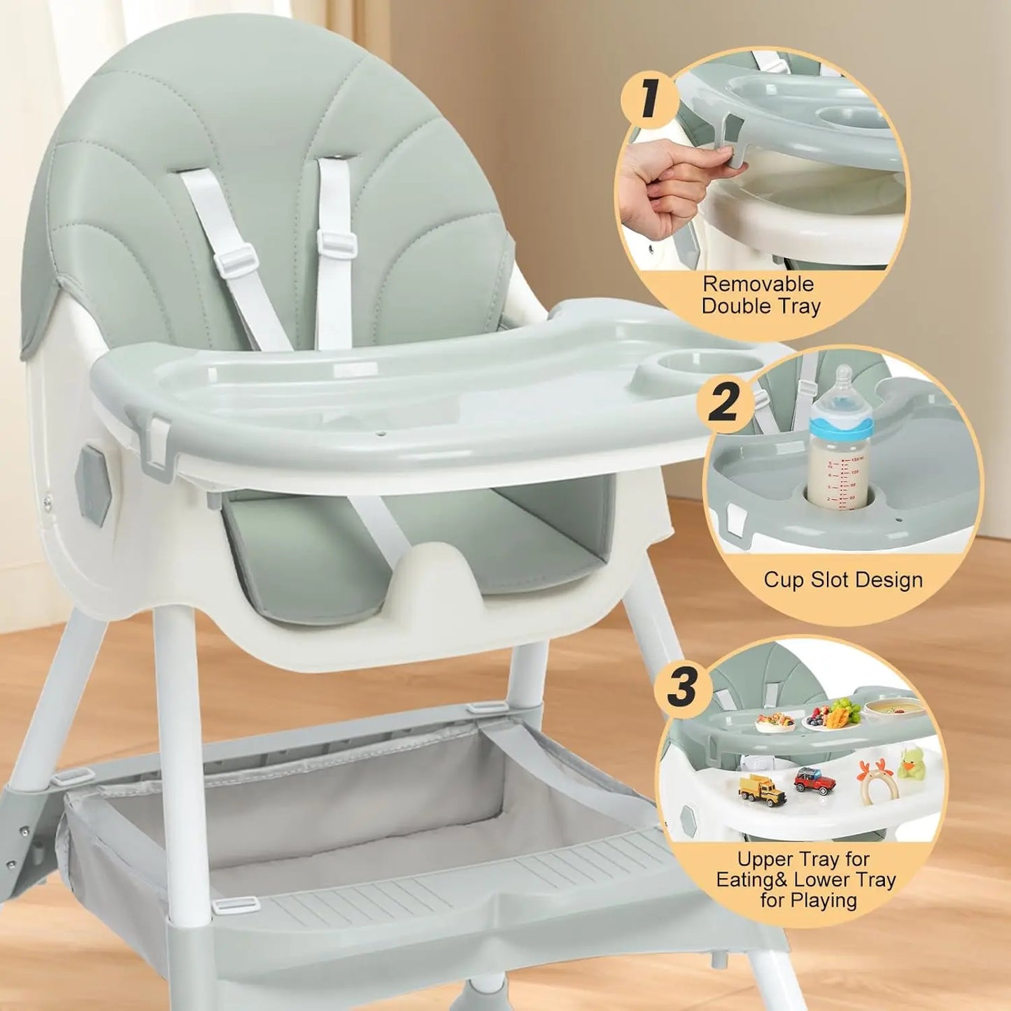 3 In 1 Baby High Chair Portable High Chairs for Babies and Toddlers 3 Adjustable Height Baby Feeding Chair with Removable Tray