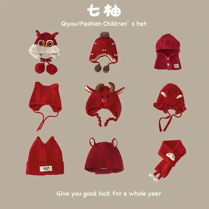 New Year Baby Hat Red Knitted Winter Infant Cap