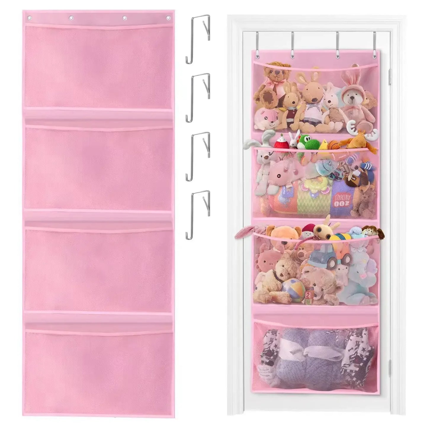 New Stuffed Storage Bag Over The Door Stuff Animals Organizer Hanging Mesh Bags 4 Large Pockets for Baby Plush Toys Kids Storage