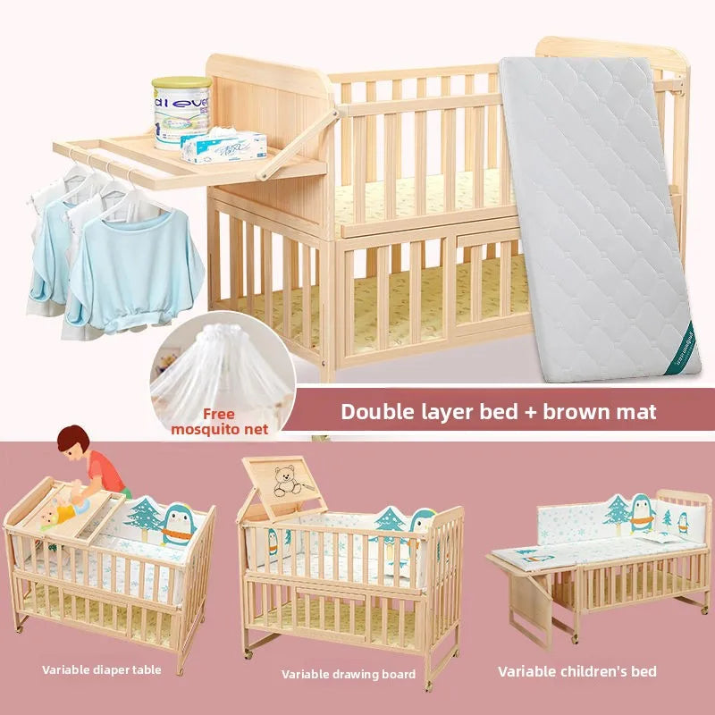 Solid Wood Baby Crib Convertible Toddler Bed Movable Newborn Bassinet Cradle Multi Functional Infant Bed For Babies Boys Girls