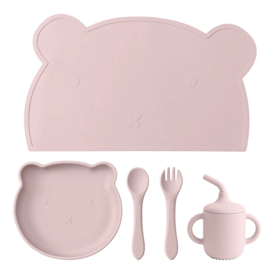 5PCS Baby Silicone Tableware Waterproof Placemat Soft Spoon Fork Suction Baby Dishes Sippy Cup Feeding Training Baby Dinner Set