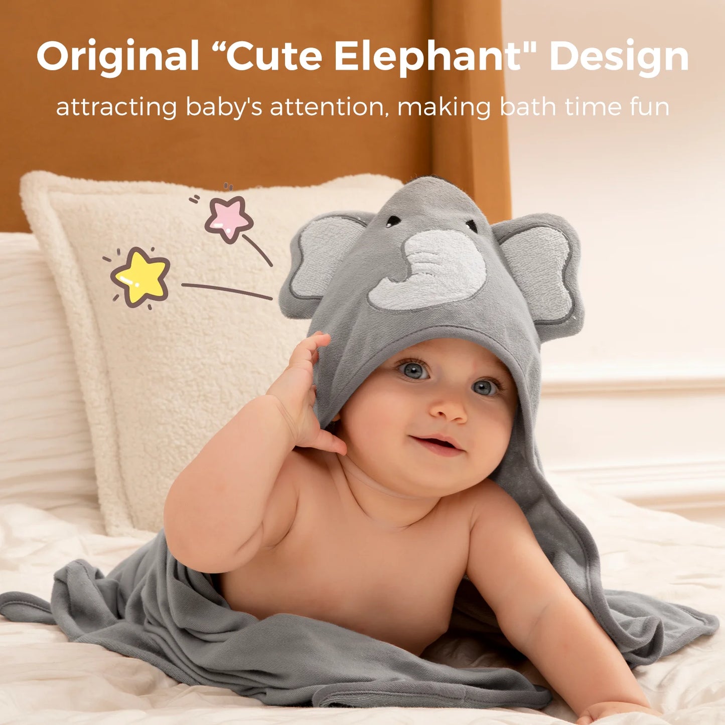 Momcozy Cute Elephant Hooded Baby Towel- 8 Piece Bath Essential, 2 x Towels and 6 x Wash Cloth Set- Perfect Shower