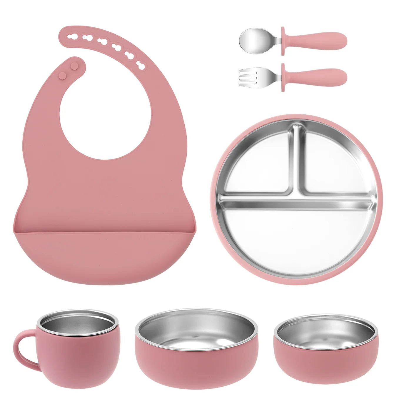 7PCS Baby Feeding Set – Stainless Steel & Silicone Tableware