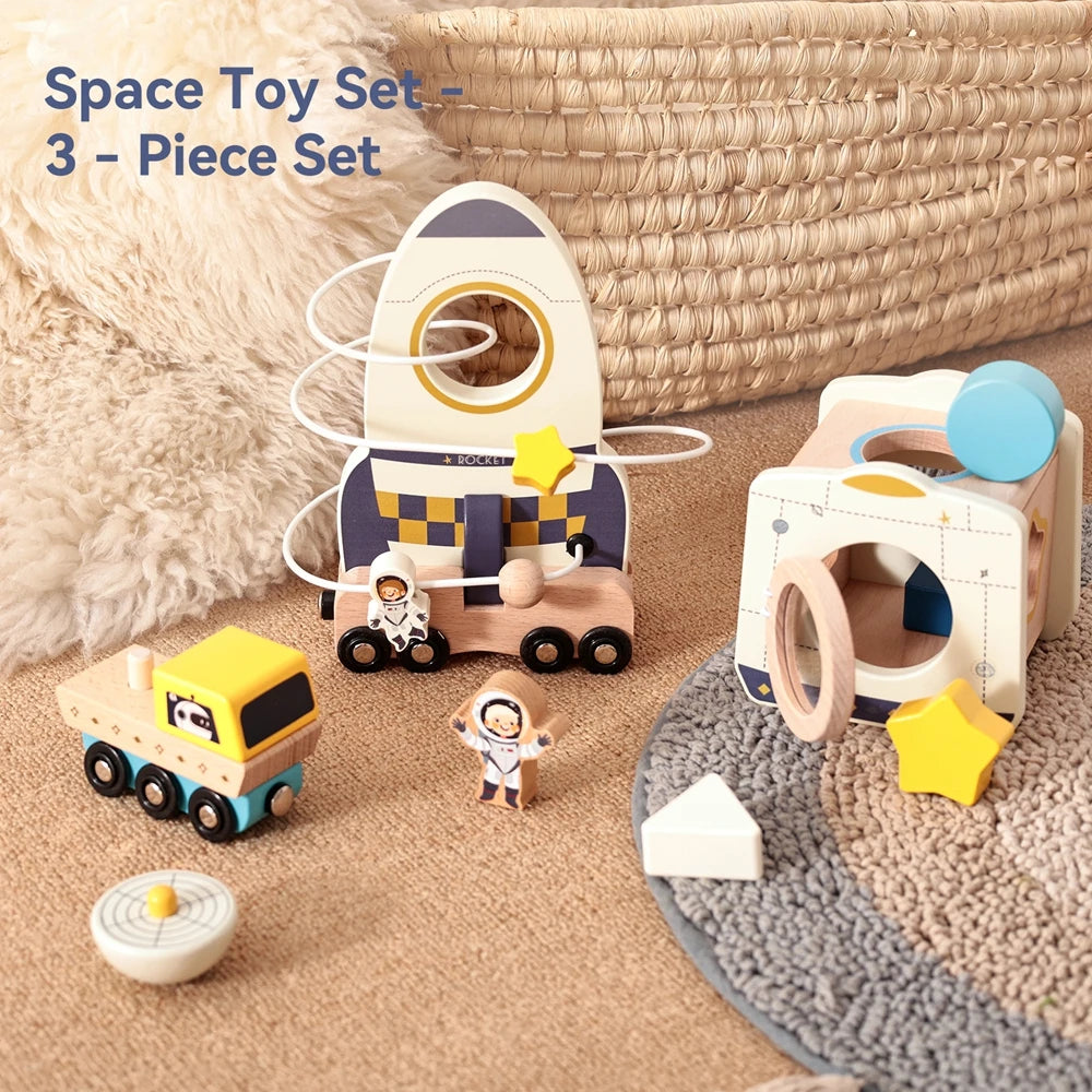Wooden Astronaut Space Toys Set Baby Montessori Rocket Knowledge Puzzle Toys Early Shape Perception Building Block Stacking Game